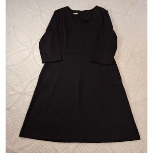 Talbots 16 Black Ponte Knit Fit & Flare Dress Split Neck 3/4 Sleeve Pockets NWT